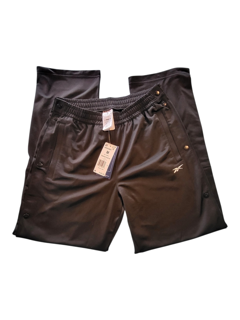 NWT Reebok Black Snap-Button Tear Away Side-Panel Track Basketball Pants